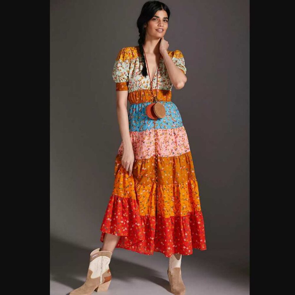 New XS By Anthropologie Tiered & True floral maxi prairie dress
